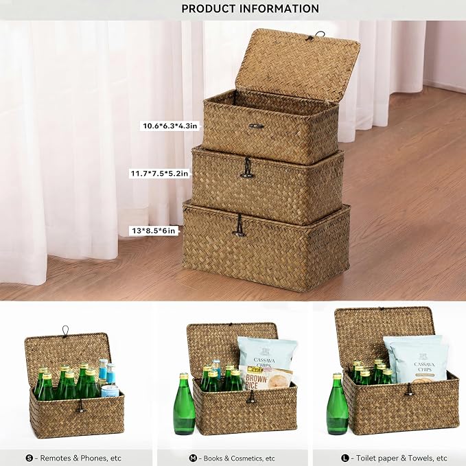 Nonam Seagrass Storage Baskets with Lid Set of 3,Wicker Basket Storage Bin for Shelves,Rectangular,Boho Decor,Handwoven Shelf Basket for Organizing-Storage Container Box for Home Organization-Coffee