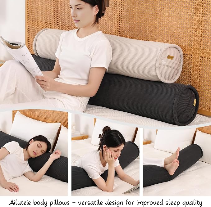 Long Round Body Pillow for Adults – Corduroy Cervical Roll Bolster Pillow, Firm Support for Spine Alignment & Side Sleeping,39 x 7.87 Inches,Lamp Black