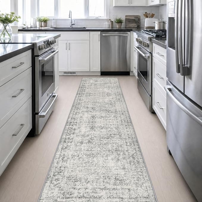 2.6x14 Washable Runner Rug:Modern Abstract Soft Carpet Black Grey | For Hallway, Bedroom, Kitchen, Laundry, Bathroom,Door Mat,Modern Abstract,Machine washable,Non-Slip,Stain Resistant,Indoor