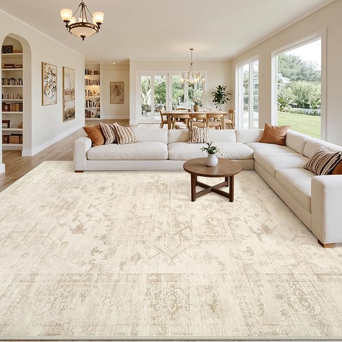 10x12 Area Rugs Living Room: Bedroom Washable Carpet Beige/Brown | Large Vintage Boho Indoor Decor Neutral Soft Nursery Farmhouse Dining Room Office Floor Non-Slip Low Pile Under Table Rug