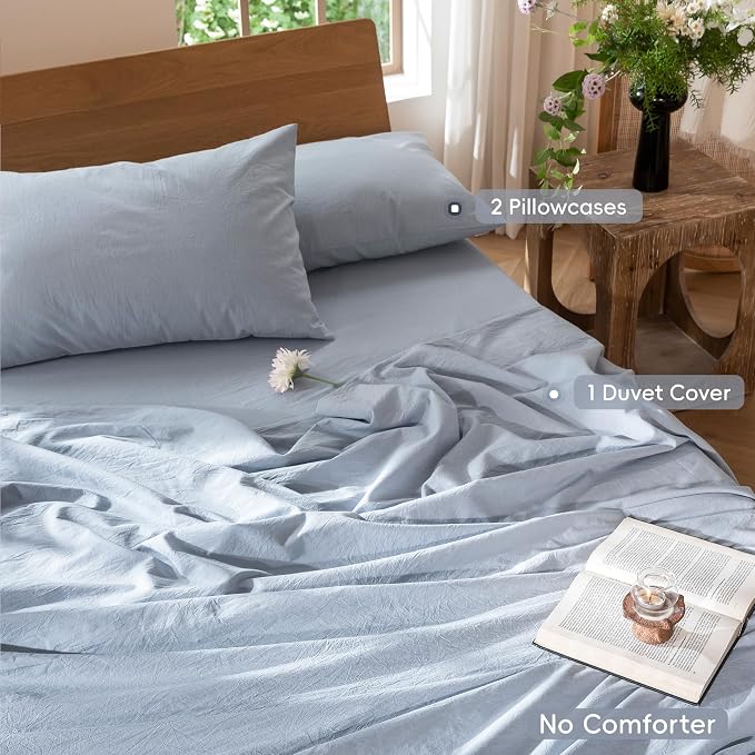MooMee Duvet Cover Set 100% Washed Cotton Linen Like Super King | Relaxed Linen-like Texture. Soft, Breathable & Long-lasting Comfort. Lightweight. Hidden Zipper with 8 Interior Corner Ties