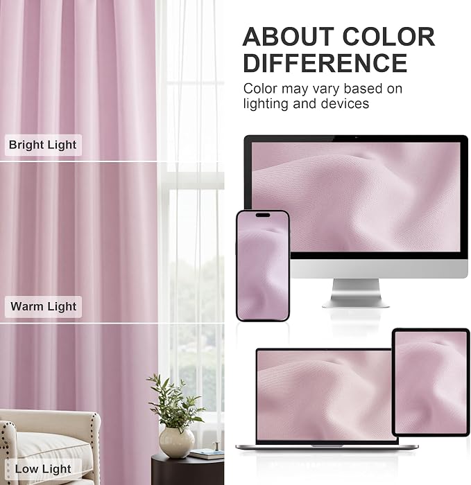 PONY DANCE Room Darkening Curtains - Kitchen Solid Thermal Draperies Rod Pocket Short Panels Drapes for Bedroom Window Treatments, 52 W by 54-inches L, Light Pink, Set of 2