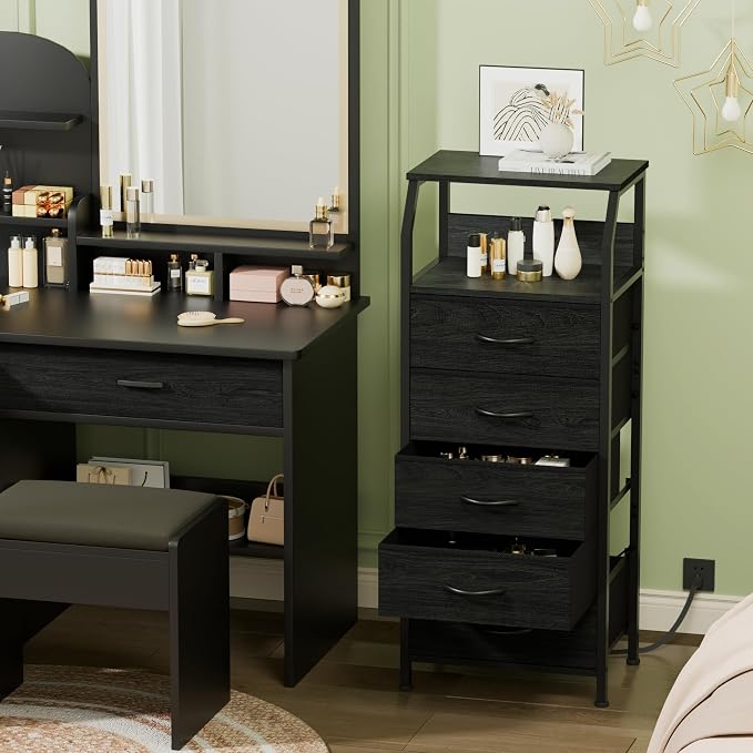 Furnulem 5 Drawers Dresser with Charging Station, Tall Black Nightstand | Tall Dorm Nightstand, Fabric Chest of Drawers with Open Shelf, Bedside Table for Closet, Dresser for Bedroom, 3 Ways to Use