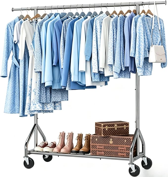 Simple Trending Heavy Duty Clothes Rack, Extensible Clothing Rack, Silver | Garment Rack Load 450 LBS, Portable Closet with Mesh Bottom Shelf, 360° Lockable Wheels, Bedroom, Laundry Room