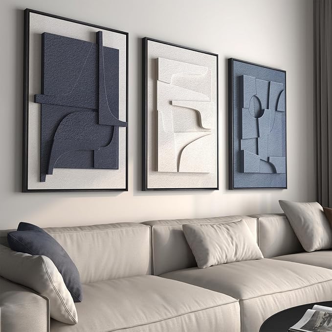 Large Framed Blue Abstract Wall Art for Living Room, Modern 3D Artwork | Solid wood frame, Navy blue and white pictures, Set of 3 piece big 24x36 in, Textured paintings wall decor bedroom office