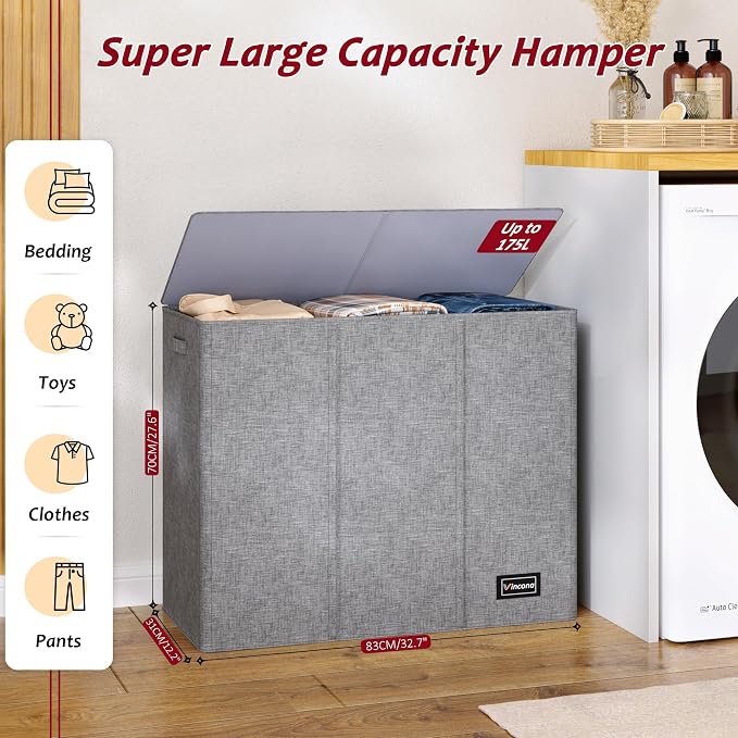 175L Laundry Hamper 3 Section,Large Laundry Hamper with Lid,Dirty Clothes Hamper with 3 Inner Bags,Collapsible Laundry Basket Organizer for Laundry Room,Bedroom,Laundry Sorter Hamper 3 Compartment
