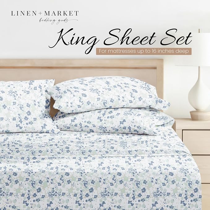 Linen Market Patterned Microfiber King Sheet Set 4 Piece – Oeko-TEX Certified Ultra Soft & Wrinkle-Free - 16" Deep Pocket Sheets - Easy Care King Size - Violets Light Blue