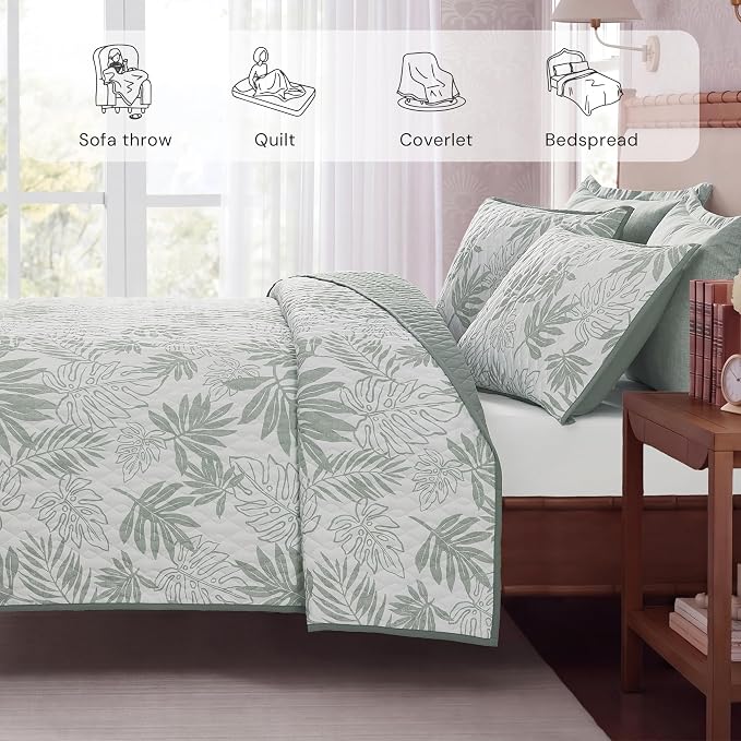 BLOOMHAVEN King Quilt Set-3 Pieces Soft Bedding Floral Reversible Coverlet | All Seasons Lightweight Quilts Queen Size for Bed, Breathable Vintage Bedspread with Shams, Green Leaf