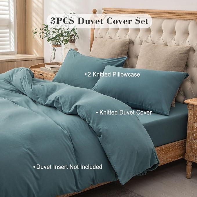 PURE ERA Jersey Knit Sheet Set Solid Cerulean Blue Oversized Queen | 100% Cotton, 3 Piece Set, T Shirt Soft, Breathable, Envelope Closure Pillowcases, Hidden Zipper, 8 Ties, No Insert, Modern