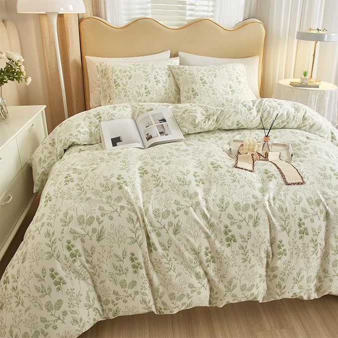 mixinni 3pcs Girls Boho Green Floral Duvet Cover Set King Size Cotton Soft Aesthetic Cute Flowers Leaves Pattern Bedding Comforter Cover, 1 Queen Duvet Cover with 2 Pillowcases for All Seasons