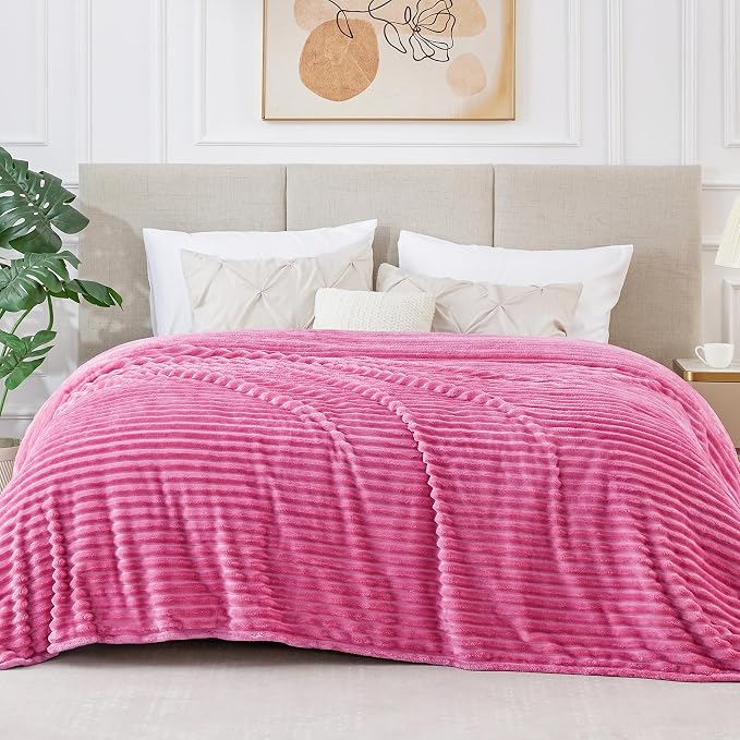 BEDELITE Ribbed Jacquard Hot Pink Blankets Queen Size for Bed, 90x90 Inch | Soft Warm Decorative Fluffy Blanket, Cozy Fuzzy Lightweight Plush Fleece Throw Blankets for Bed, Room Decor, Gift for Women
