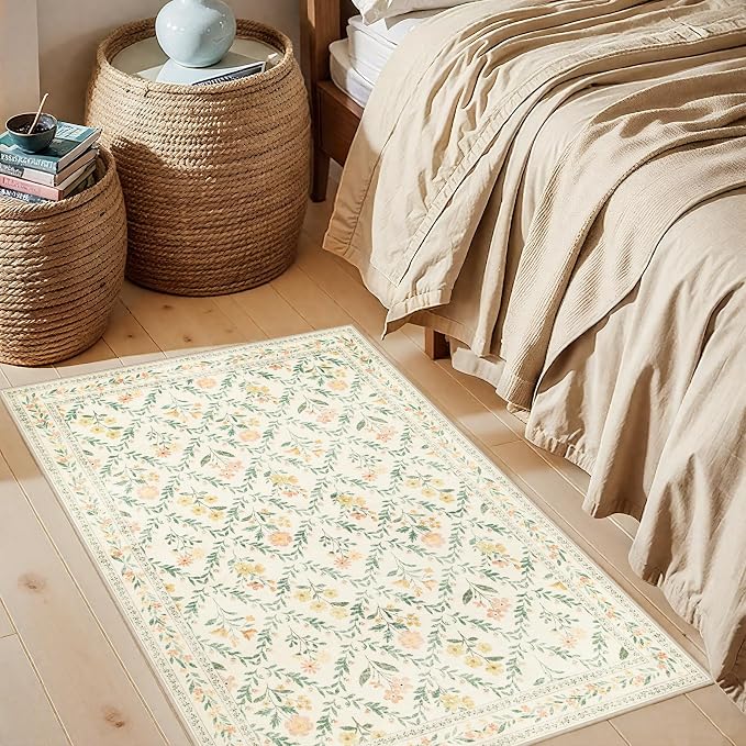 PLHXFR 2x3 Small Entryway Rug: Floral Washable Indoor Carpet Beige Multi | For Entrance, Bedroom, Kitchen, Laundry, Bathroom,Door Mat,Vintage Floral,Machine washable,Non-Slip,Stain Resistant,Indoor