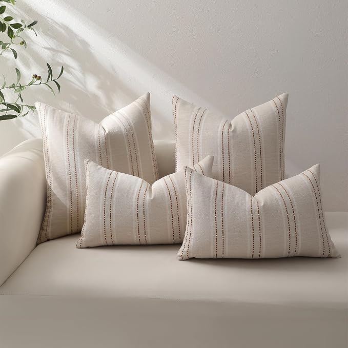 Hckot Caramel Throw Pillow Covers 22x22 Set of 2 Fall Pillow Covers | Textured Linen Striped Decorative Pillows Square Cushion Covers for Sofa Couch Bed Living Room Farmhouse Decor
