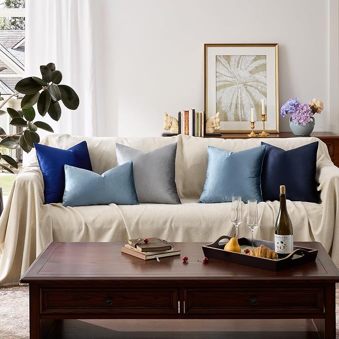 GIGIZAZA Stone Blue Velvet Throw Pillow Covers 16x16 Pack of 2 | Decorative Pillows for Couch Sofa,280gsm Soft Textured Fabric,Modern Square Pillowcases,Luxury Cushion Covers