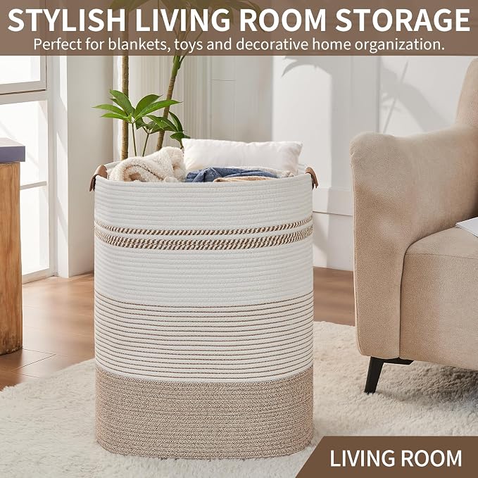 AINUOQI Laundry Basket with Handles - Blanket Basket & Hampers for Bedroom Aesthetic, Laundry Hamper & Blanket Storage for Living Room, Clothes Hamper, Tall, Large 17" x 14" x 22”, Light Brown & White