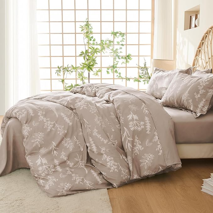 MUXHOMO Duvet Cover King Size, Reversible Floral Taupe Duvet Cover Set with Zipper Closure, 3 Pieces Botanical Patterns Soft Microfiber Bedding Set with 4 Ties (90"x104", 2 Pillow Cases)