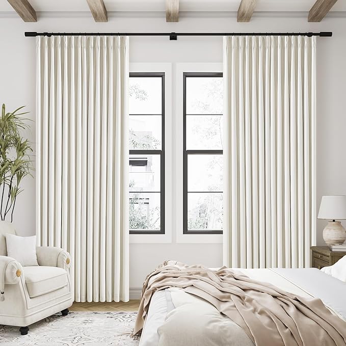 Natural Linen Pinch Pleated 100% Blackout Curtains 80 Inches Long 2 Panels | Two Layer Drapes with Liner, Thermal Insulated, Cream Blackout Drapes for Bedroom Living Room, Pinch Pleat with Back Tab