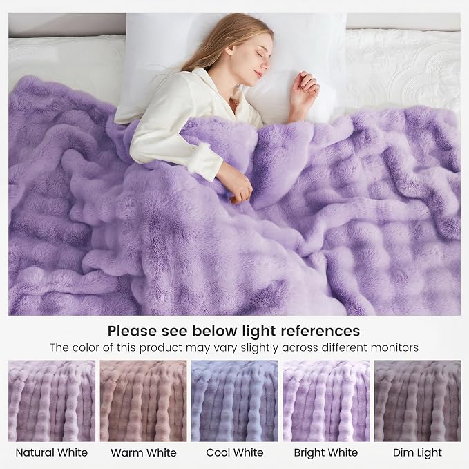 Cozy Bliss Faux Fur Throw Blanket for Couch, Fuzzy Soft Plush Thick Bubble Blanket for Sofa Bedroom Living Room, 60 * 80 Inches Lavender Purple