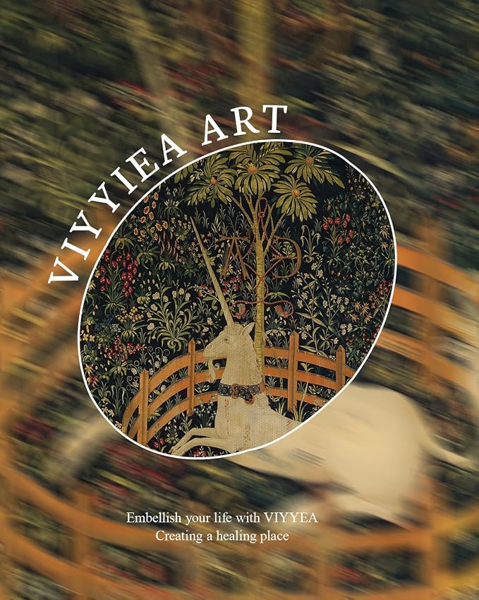 VIYYIEA Vintage Gold Framed Wall Art for Living Room, Unicorn Canvas Prints Home Decor, Oil Painting Picture, Bedroom Wall Decor Gifts for Friends or Family -【The Unicorn in Captivity】-(16L x 12W)