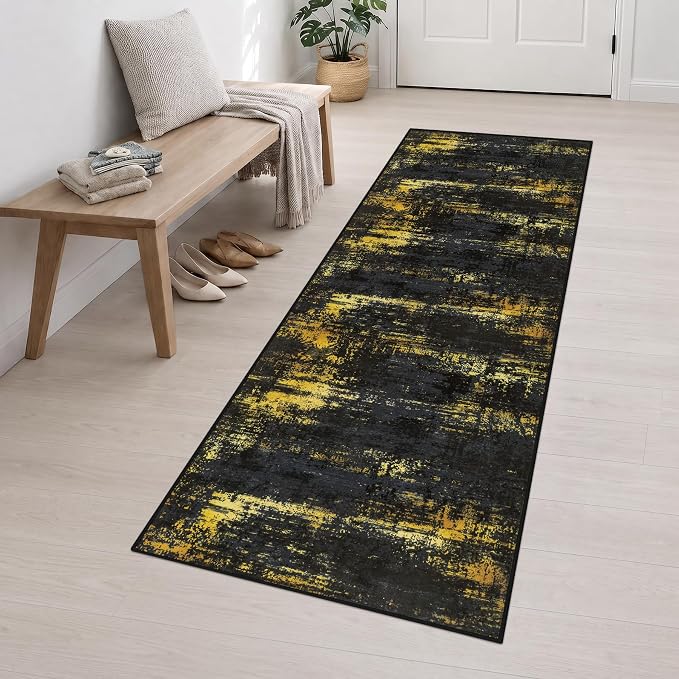 2.6x10 Washable Runner Rug:Modern Abstract Soft Carpet Black Gold | For Hallway, Bedroom, Kitchen, Laundry, Bathroom,Door Mat,Modern Abstract,Machine washable,Non-Slip,Stain Resistant,Indoor