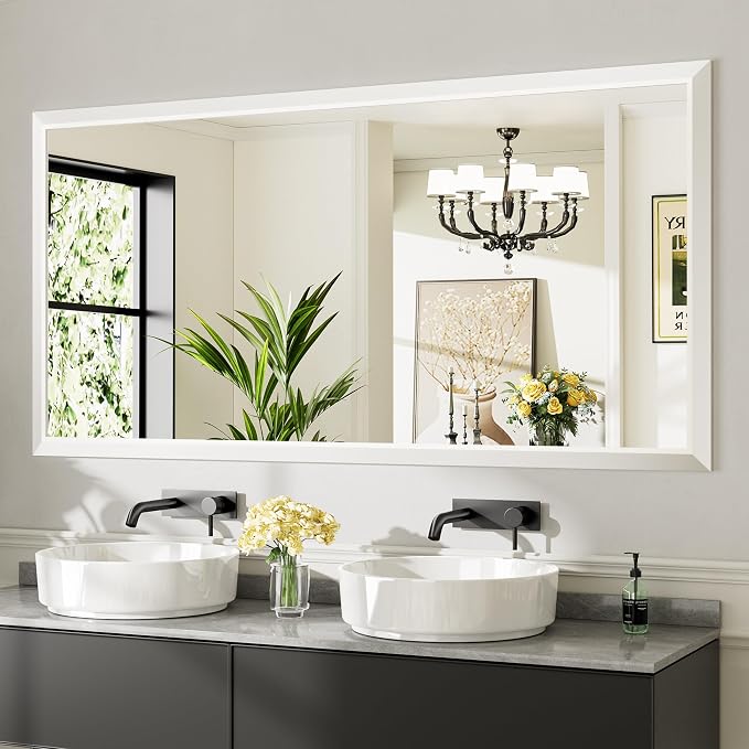 Bathroom Wall Mirror, White Metal Frame, 72x36 Inch | Anti-rust, HD tempered glass, for bathroom vanity, bedroom, living room, horizontal or vertical mount