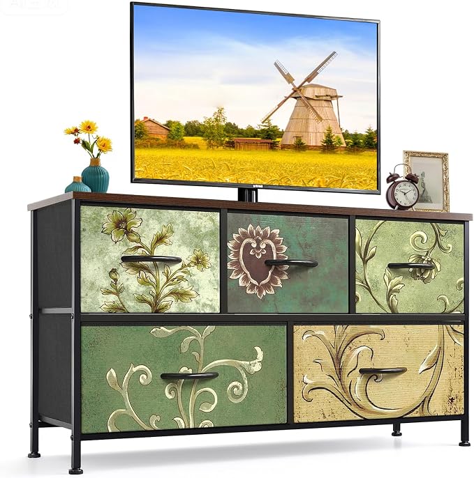 5-Drawer Dresser for Bedroom, Anti-Tip Wide Storage Organizer Fabric | Chest of Drawers TV Stand for 45" TV with Wooden Top Metal Frame for Closet, Living Room, Hallway, Entryway, Floral Painted