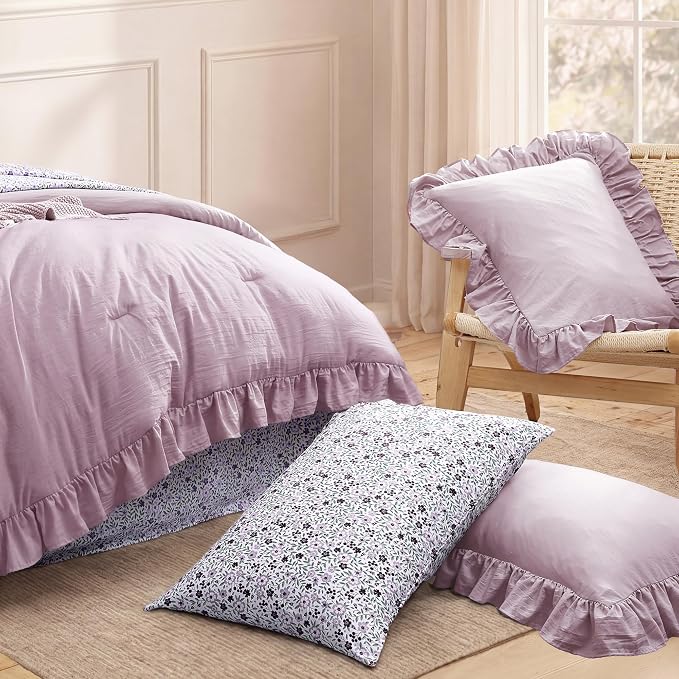 Full Size Comforter Sets-7 Pieces Ruffle Bedding Floral Sheet | Purple Bed in a Bag, Soft Lightweight All Season Farmhouse Full Size Bedding Sets with Floral Sheets, Pillowcases & Shams