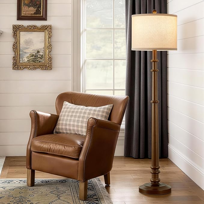 Floor Lamps for Living Room - 60" Farmhouse Floor Lamp with Adjustable Color Temperatures - Vintage Standing Lamp Reading Light with Linen Shade Rustic Tall Lamp for Bedroom Office, Wood , Walnut