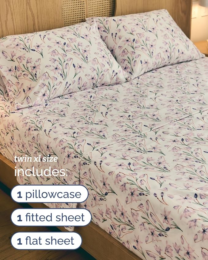 Twin XL 3 Piece Boho Botanical Floral Sheet Set - Soft & Cooling - Iris | 1 Flat, 1 Fitted & 1 Pillowcase w/ Deep Pockets, Boho Botanical Floral Bedding, Breathable & Cooling, Wrinkle & Fade Free