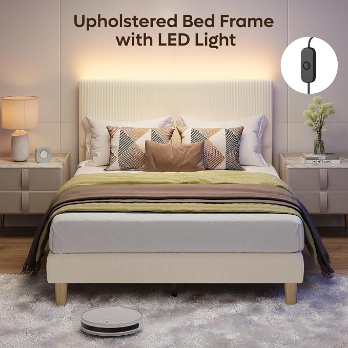 Bestier Full Bed Frame with Adjustable Headboard,LED Light,Beige | LED Lighting Headboard,Easy Assembly,No Squeaks,Vertical Channel Corduroy Upholstered,Wood Slats Support,No Box Spring Needed