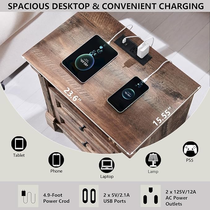 Aitjunz 26" Tall Nightstand w/Charging Station, 3 Drawers, Light Brown | Farmhouse 23.6" Wide Large End Table w/Roman Column, Wood Rustic Side Table w/Metal Handle for Bedroom, Living Room