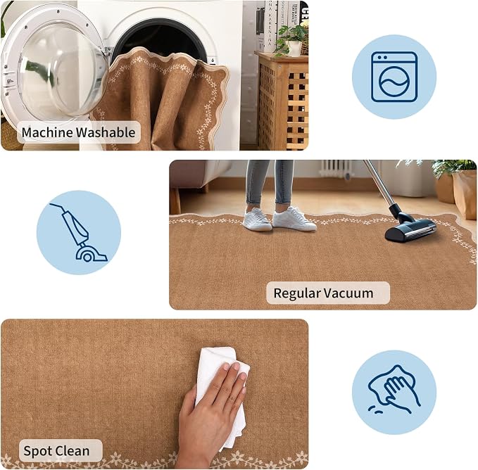 GarveeHome 6x9 Scalloped Area Rug Soft Washable Rug for Living Room Bedroom | Soft Brown Low Pile Non Slip Accent Floor Mat Solid Print Throw Rug Indoor Carpet for Dining Room Dorm Playroom