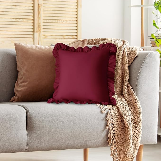 KKJIAF 2 Pack Ruffle Pillow Cases 26x26 Inches, Burgundy | Square Ruffled Pillow Covers, Microfiber Wrinkle Resistant Pillow Shams with Envelope Closure for Sofa Bed Living Room