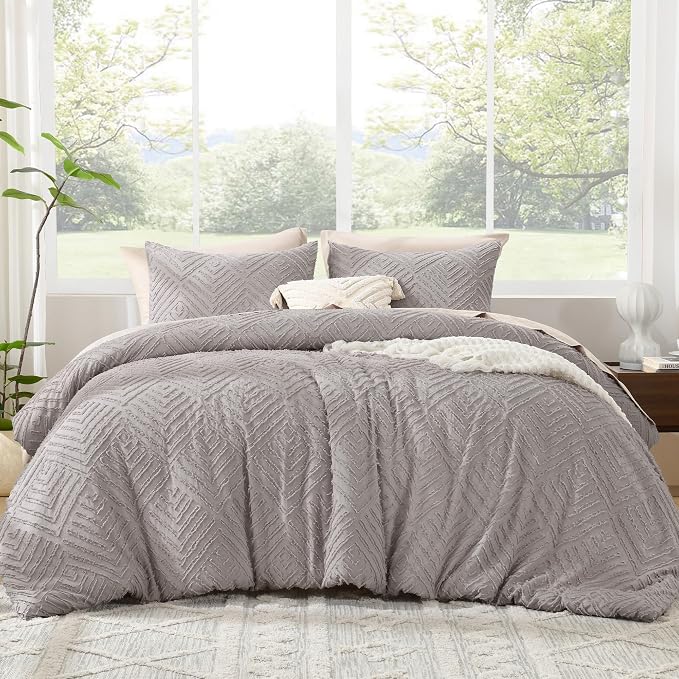 Litanika Queen Size Comforter Set, 3 Pieces Tufted Boho Bedding Set | Milk Grey Farmhouse Shabby Chic Vintage Bohemian Textured Aesthetic Soft Fluffy Lightweight Breathable All Season Bed Set