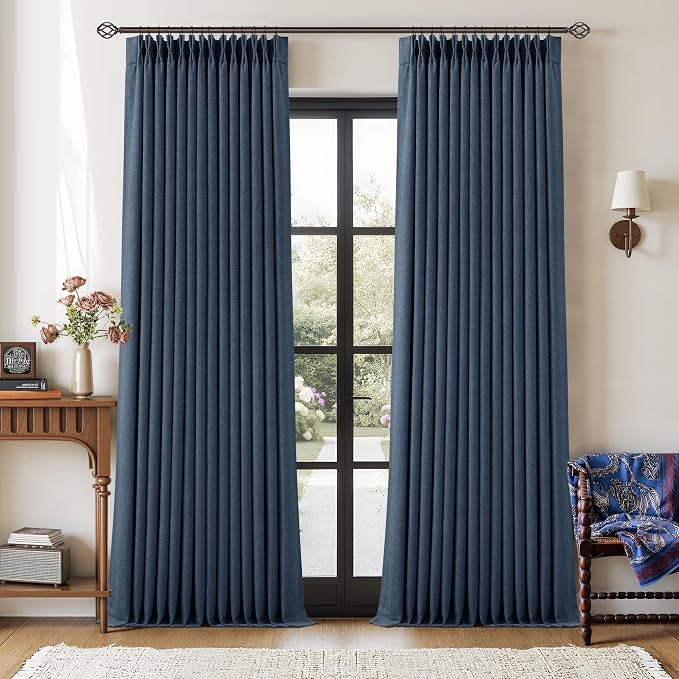 Navy Blue Pinch Pleated Linen Blend Full Blackout Curtains 86 Inch Length | Linen Blend Window Curtain with Liner, 100% Black Thermal Insulated, Pinch Pleat with Hooks Rings, for Living Room Bedroom