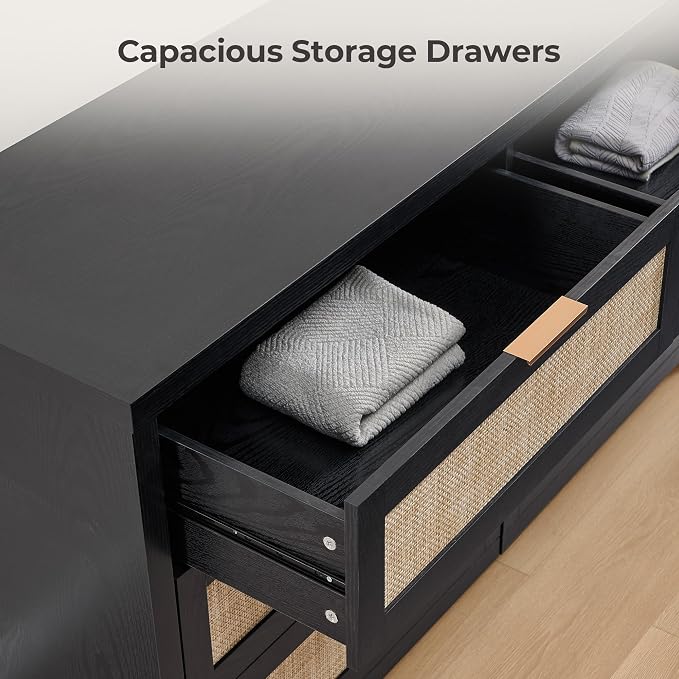 SICOATS Rattan Dressers for Bedroom Set 2, Large 6 Drawer Dresser | Long Chest of Drawers, Dresser Farmhouse TV Stand for Bedroom, Living Room, Nursery, Closet, Black Oak, 2 Pieces