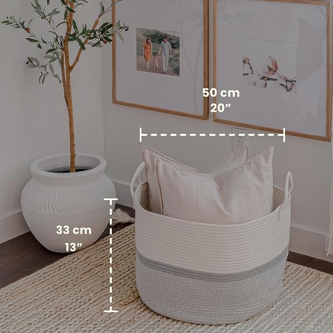 OrganiHaus Round Toy Basket & Blanket Basket, Cotton Rope 20x13" | Striped Gray - Round Cotton Rope Basket, 20x13"