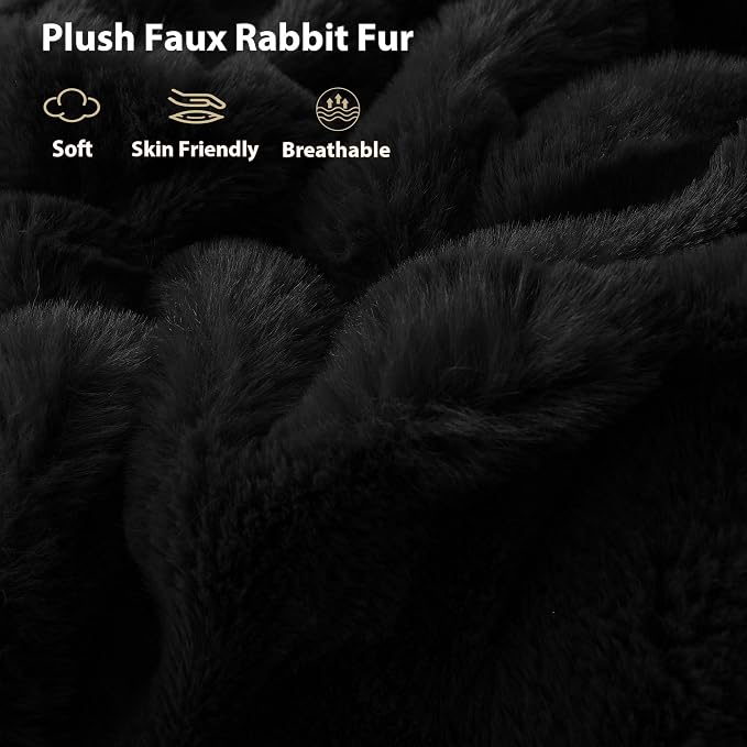 LIFEREVO Fluffy Faux Rabbit Fur Body Pillow Cover 20"x54", Black | Luxury Bubble Waffle Plush Bed Pillowcase with Hidden Zipper, Washable Fuzzy Long Pillow Case for Adults Kids Girls Teens