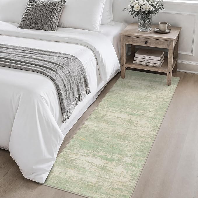 2x6 Washable Runner Rug：Modern Abstract Soft Carpet Green Cream | For Hallway, Bedroom, Kitchen, Laundry, Bathroom,Door Mat,Modern Abstract,Machine washable,Non-Slip,Stain Resistant,Indoor