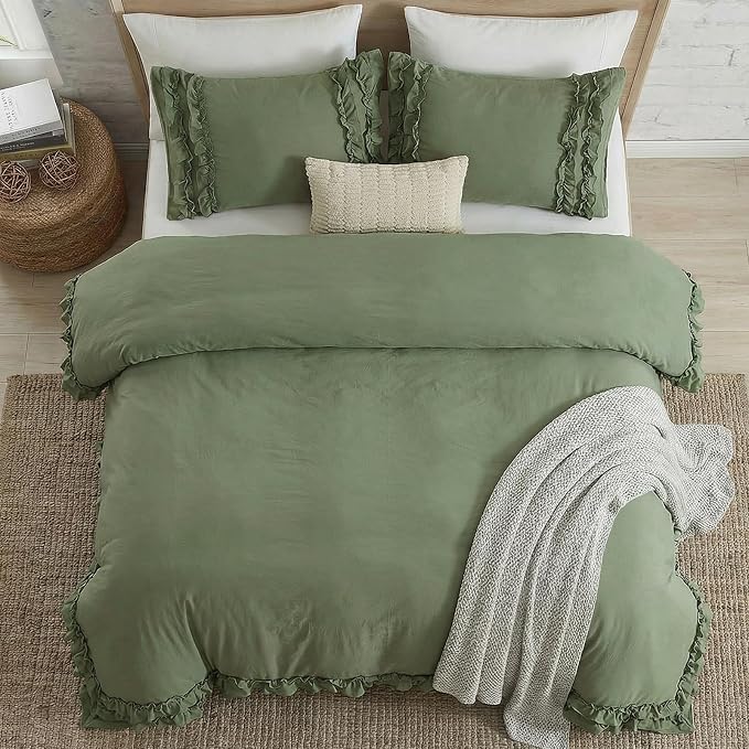 Avocado Green Duvet Cover Queen Ruffled Bedding Set Pleated Ruffle Fringe Shabby Chic Bedding Super Soft Cozy Boho Bedroom Bedding for All Season