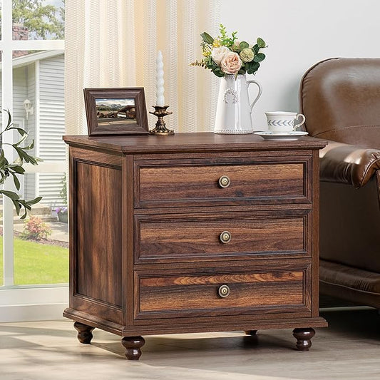 Joaxswe 24" Wide Farmhouse Night Stand,Large End Table with 3 Drawers & Metal Handle,Dresser for Bedroom, Wood Bed Side Table Chest of Drawers Cabinet, Retro Brown Nightstand for Living Room,Closet