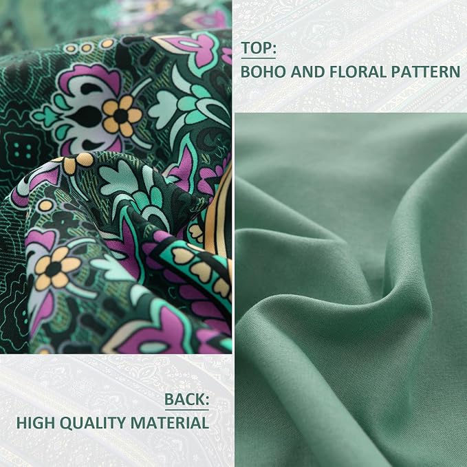 Boho Green Comforter Set King Size,8 Piece Bed in a Bag Bohemian Striped Bedding Quilt Set,Dark Green Paisley Floral Comforter and Sheet Set,Soft Microfiber Complete Bedding Sets for All Season