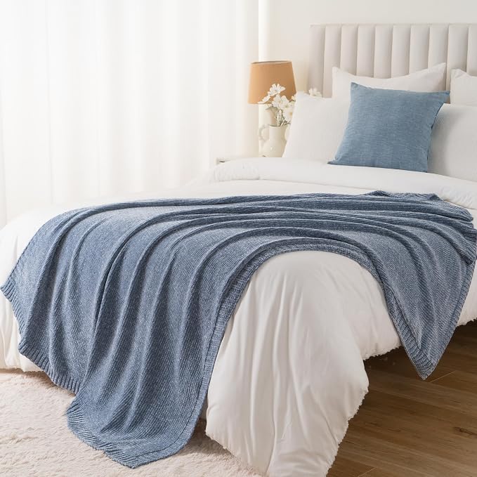 BATTILO HOME Blue Grey Chenille Throw Blanket for Couch, 51"x67" | Shiny Chenille Blanket, Blue Knit throw Blanket, Soft & Breathable, Summer Throw for Couch, Bed & Sofa