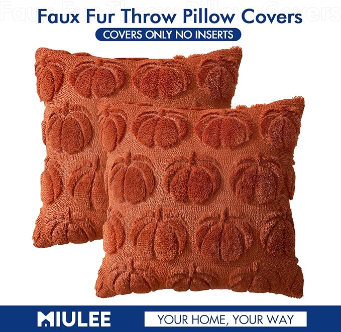 MIULEE Fall Pillow Covers Pumpkin Fall Decor 20x20 Rust | Set of 2 Fall Decorations for Home, Plush Faux Fur Farmhouse Accent Pillowcases, Porch Sofa Couch Cushion Bed Livingroom
