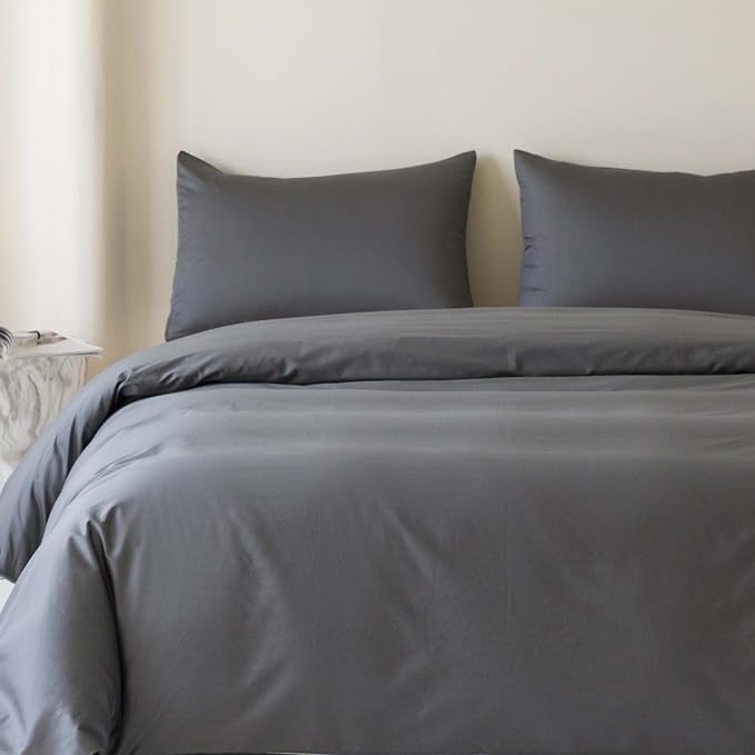 HeimenAogo Egyptian Cotton Duvet Cover Queen Size Sateen Weave, Silky Soft and Breathable Bedding Set with Zipper Closure, Long Staple Cotton Bed Linen Stormy Grey 3Pcs (90"×90")