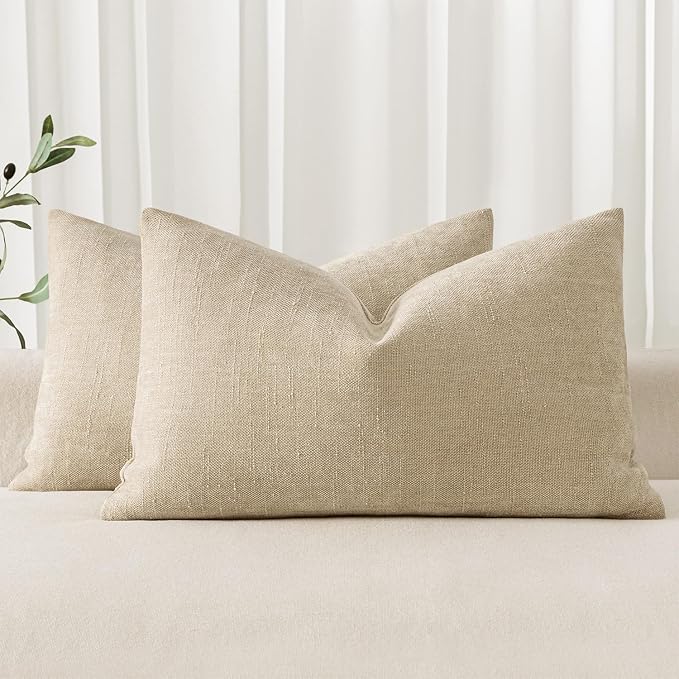 MIULEE 12x20 Inch Lumbar Textured Chenille Throw Pillow Covers Beige | Pack of 2 Decorative Soft Throw Pillows, Solid Textured Cushion Covers, Modern Home Decor for Couch Sofa Bedroom Living Room