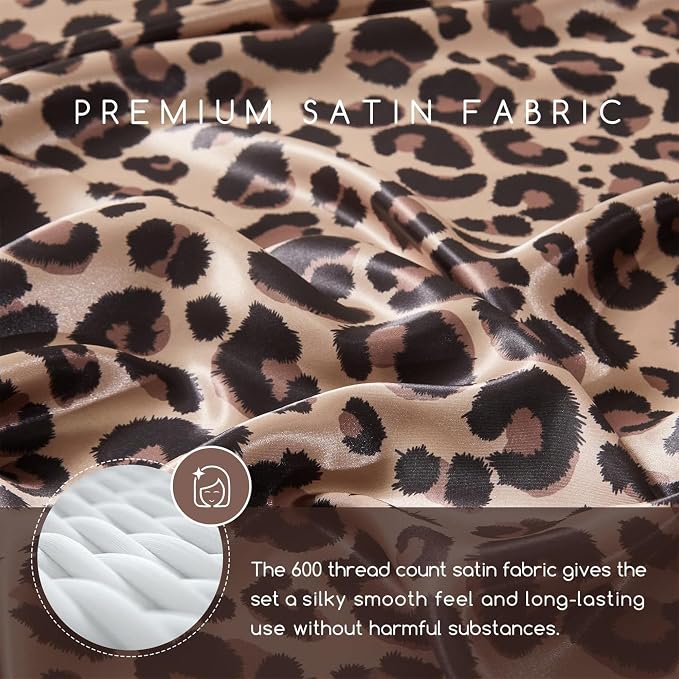 MR&HM Satin Sheets Queen Size with Elastic Corner Straps, Brown Leopard | Similar to Silk, 6-Piece Silky Soft Bed Sheet Set, Gentle on Skin and Hair, 15" Deep Pocket, Cooling & Breathable