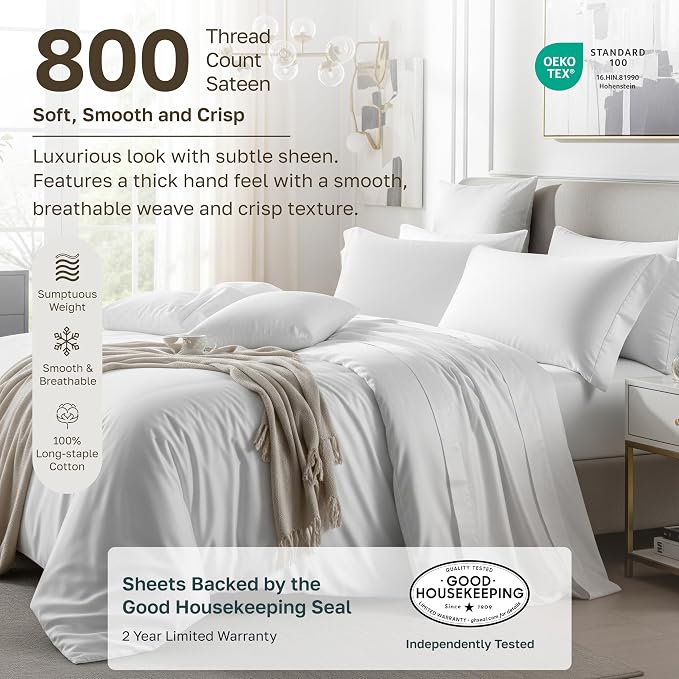 California Design Den Luxury 800 Thread Count Queen Size Sheet Set | 100% Cotton Sateen Backed by Good Housekeeping Seal - Soft & Thick, 16" Deep Pocket, All-Around Elastic - Blue (Grey Tone)
