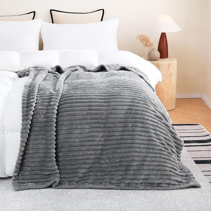 Grey Fleece Throw Blanket 90”×90” for Couch Sofa Livingroom | Super Soft Cozy Plush Microfiber Flannel Bed Blanket Striped Design Lightweight Home Decor Gifts for Adults Mom Women