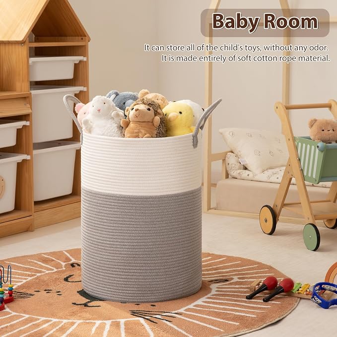 OIAHOMY 80L Nursery Hamper Laundry Basket Laundry Hamper Grey/White | collapsible Blanket Basket Cotton Rope Woven Basket Dirty Clothes Hamper Baby Hamper Tall Clothes Hamper with Handles